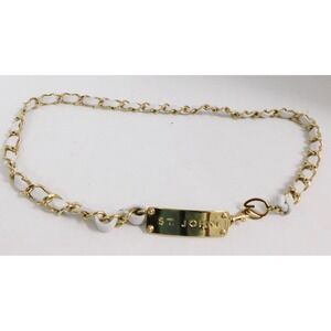 St John White Leather Gold Chain Belt Gold‎ Bar Buckle sz OS